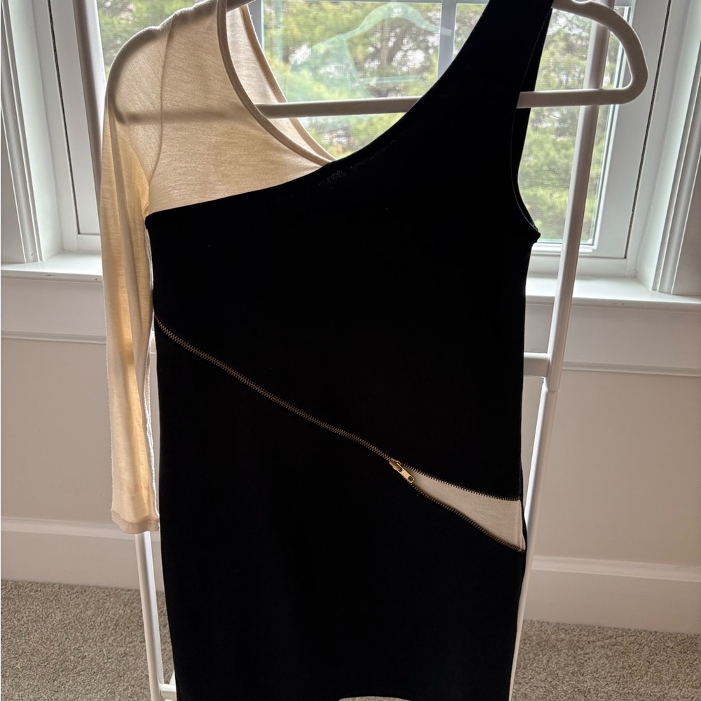 Elegant Black and Cream Asymmetrical Dress